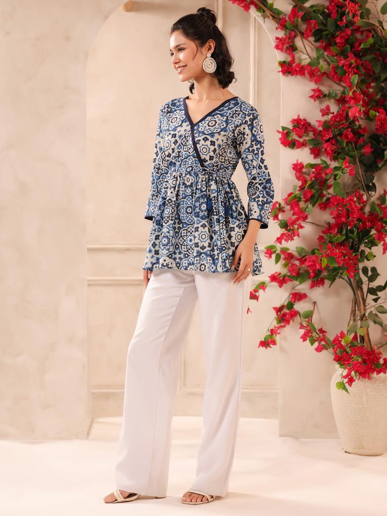 Lurex Blue Floral Printed V Neck Cotton Top
