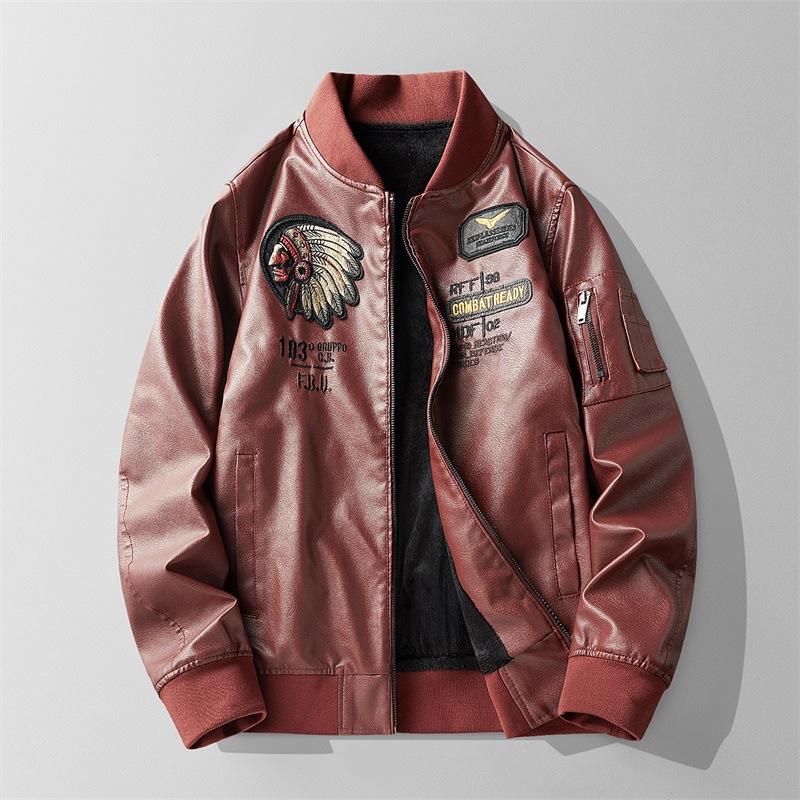New top autumn and winter fleece leather jacket heavy industry embroidery Indian head stand-up collar retro American machine leather jacket