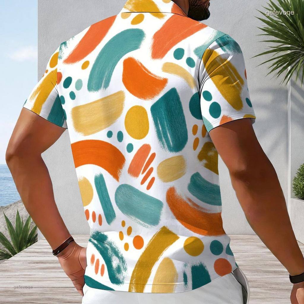 Mens Plus Size Short Sleeve Collared Quarter Zip Printed Polo Shirt White Navy Gold