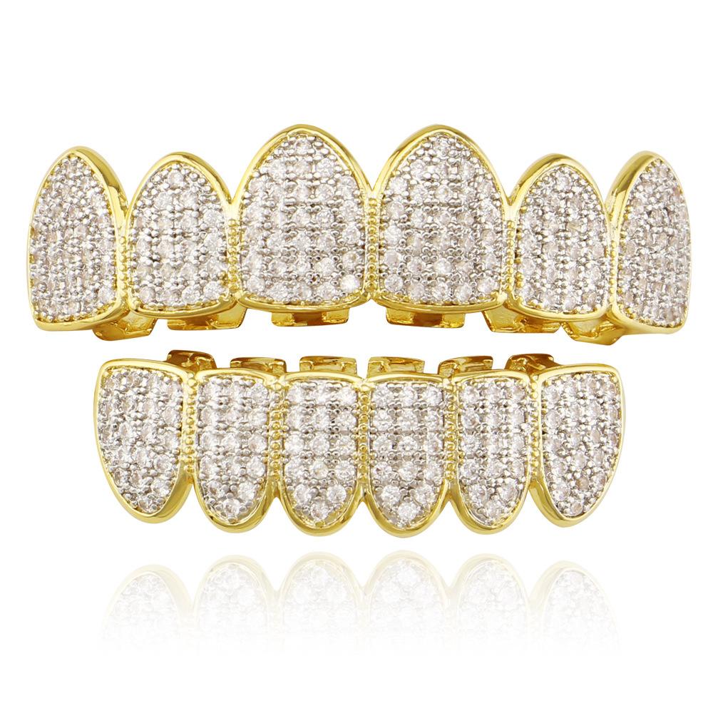 Herren Hip Hop Goldzähne Grillz Ober- & Unterkiefer Iced Out Grillz Zahn Cubic Zirkonia Zahnspangen Zirkonia Vampirzähne Grillz