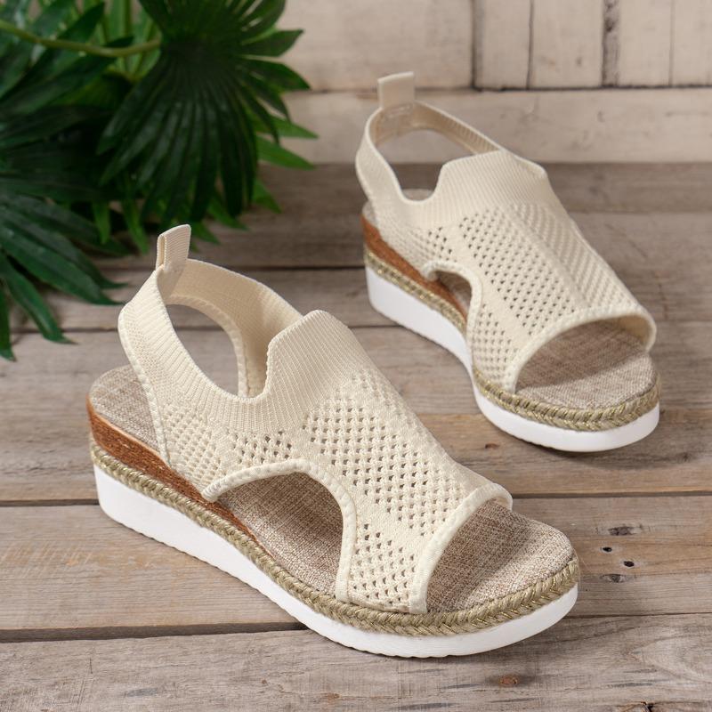 Summer new slope heel sandals large size hot sandals fly woven breathable mesh fish mouth women's sandals