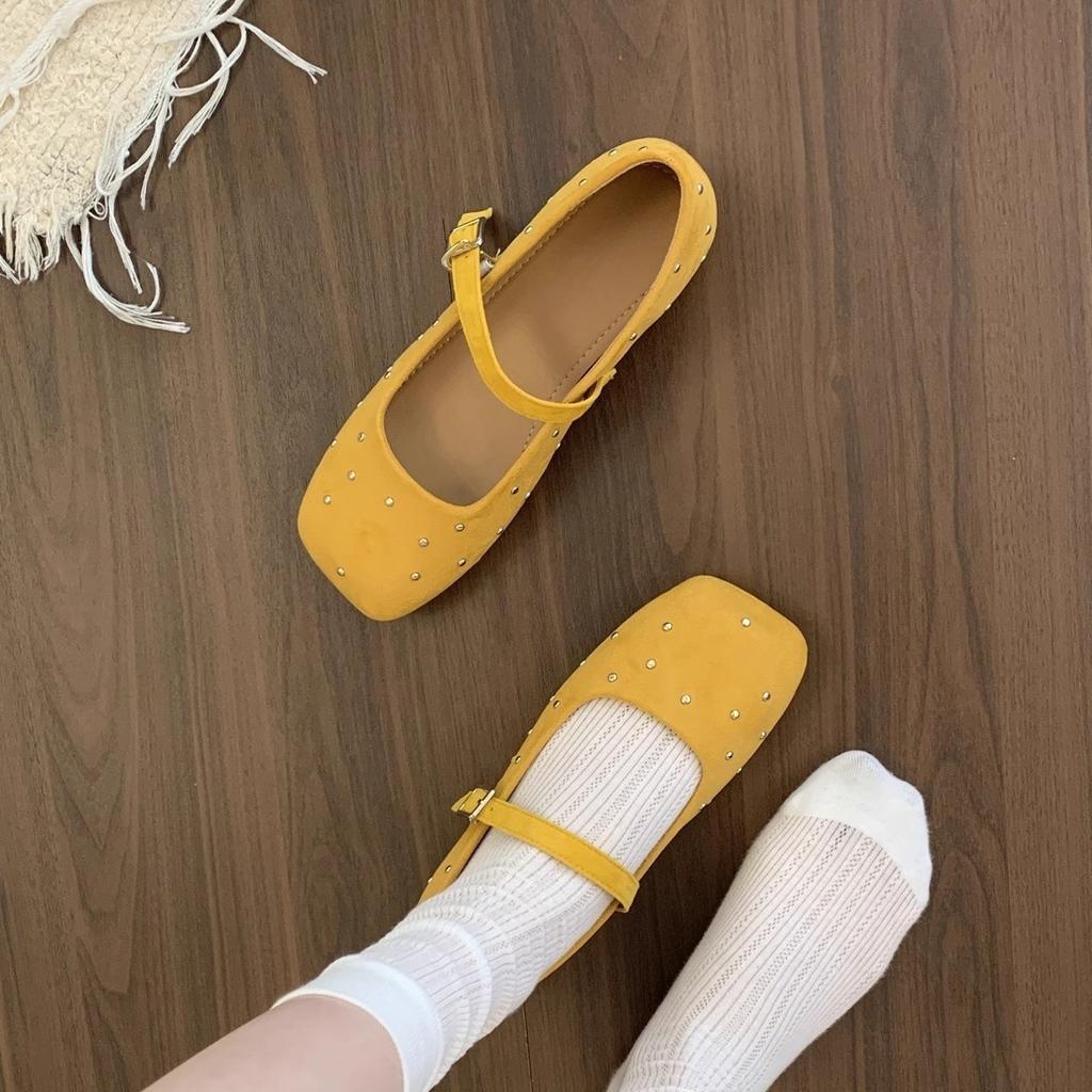 Rivet suede square head shallow mouth single shoes female spring gentle fairy wind French casual flat Mary Jane shoes
