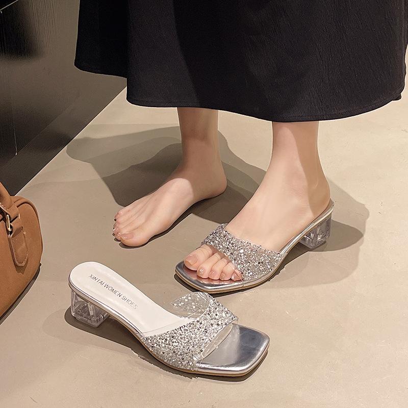 Female summer crystal feng shui slippers fashion 2025 outer wear diamond silver fairy French new thick heel high heel sandals