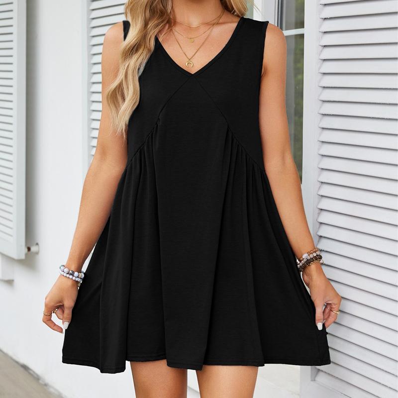 Women's Fashion Solid Colour V-Neck Sleeveless Pleated Vest Pocket Dresses