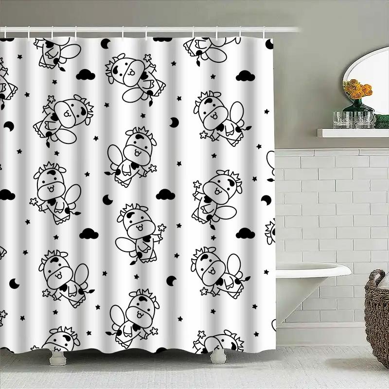 

Black White Cartoon Cow Shower Curtain Cute Animal Print For Bathroom Decoration 3D Waterproof Fabric With Grommets Set Size W72 W60H190(CM)-1 Pcs
