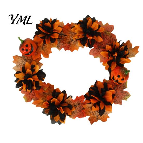 Durable Reusable Holiday Ornament Halloween Wreath for Front Door, Artificial Fall Maple Leaf Rose Pumpkin Rustic Farmhouse Seasonal Accents