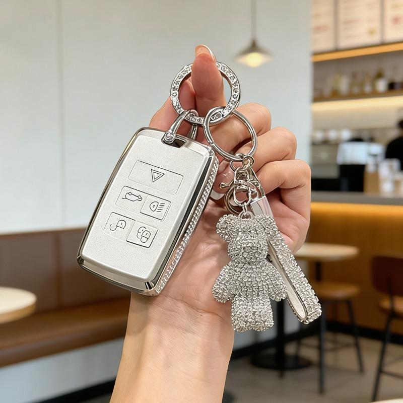 [ Side Diamonds ] 4 Buttons TPU Car Key Case Cover Shell Fob for Jaguar XE XF F-PACE & Land Rover Range Rover Evoque Discovery S