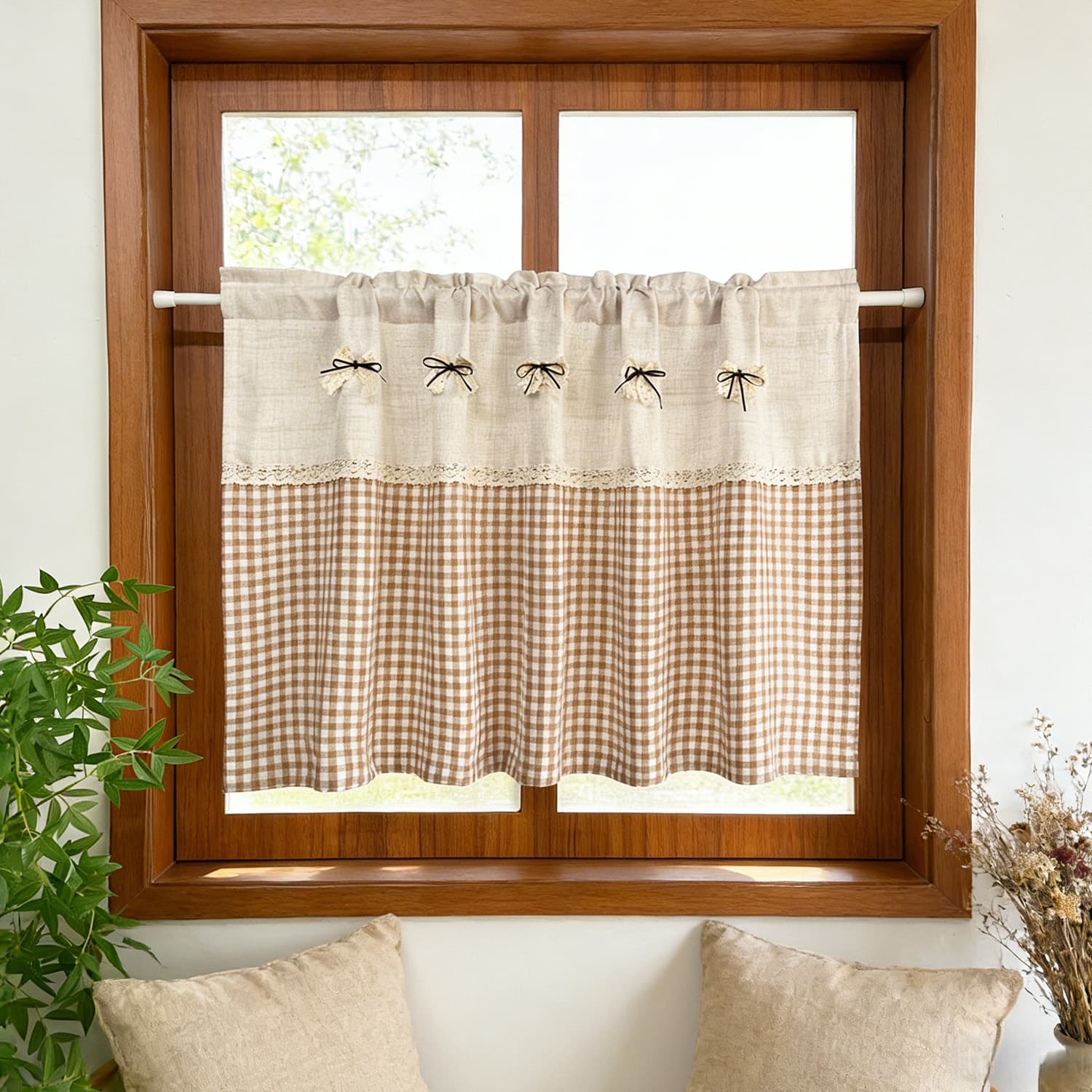 Rustiek Linnenmix Geruite Gordijn, Kantrand Strik Decor Korte Vallet Lichtdoorlatend voor Keukenkastje Raamdecoratie 1 Panel W100xH50cm