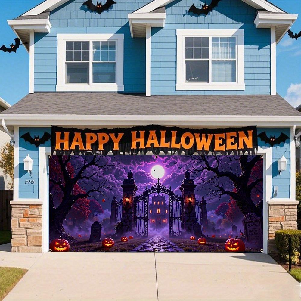 2D door banner, ghost Halloween garage door, strange purple glow carved pumpkin lantern, castle path, Halloween decoration