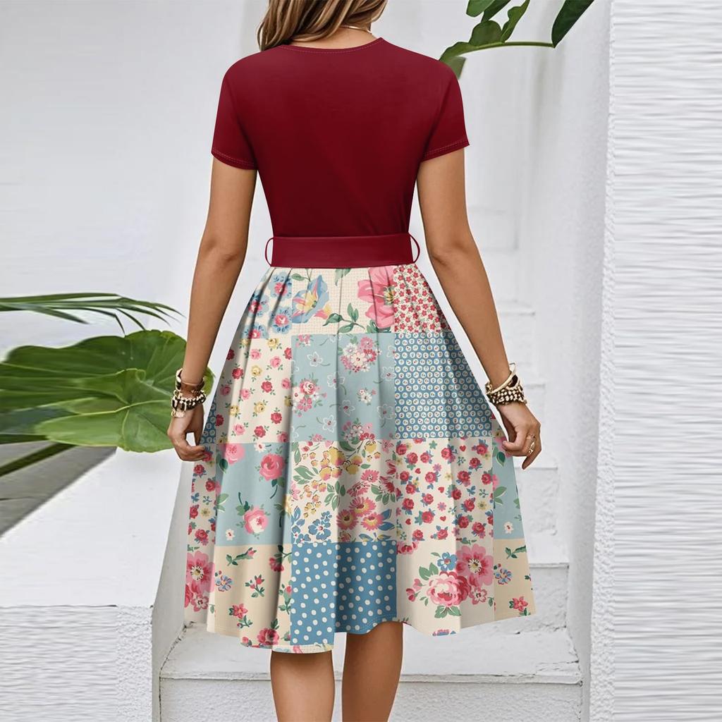 Damen Casual Mode Gürtel Vintage Bedruckt Kurzarm Rundhals Elegantes Kleid