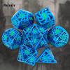 7 Pcs Blue Green Windmill Metal Dice Hollow Metal Polyhedral Dice Set Suitable for Role-Playing RPG  Board Game Card Game