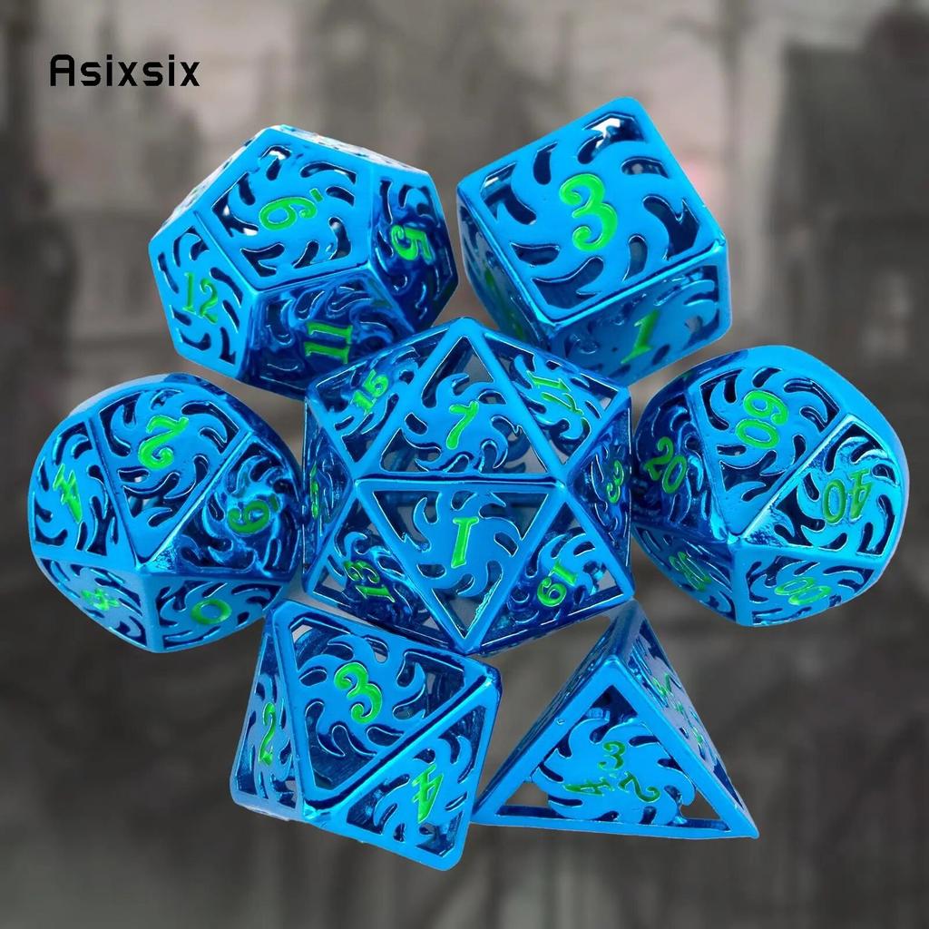 7 Pcs Blue Green Windmill Metal Dice Hollow Metal Polyhedral Dice Set Suitable for Role-Playing RPG  Board Game Card Game