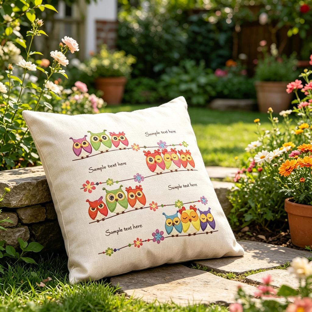 Cute Owl Family Throw Pillow Cover, Colorful Cartoon Linen Cushion Cover for Kids & Nursery Decor