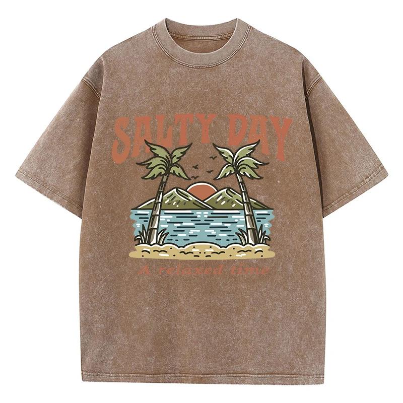 Coconut Tree Beach Printed Washed T-Shirts Cotton Tops Comfortable Distressed O-Neck T Shirts Summer Casual Man Clothes