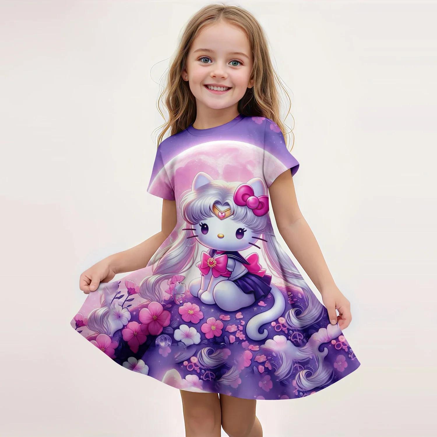 

Kawaii Popular Summer Children s Fashion Girl Hello Kitty Dress Cartoon 3d Printed Comfortable Princess Dress for Home Comfort 100