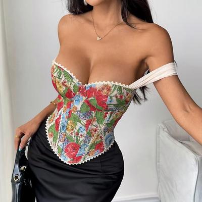Tao Lina Vintage Print Fishbone Corset Tank: Women's Sleeveless Bandeau with Beautiful Back Design for Summer.