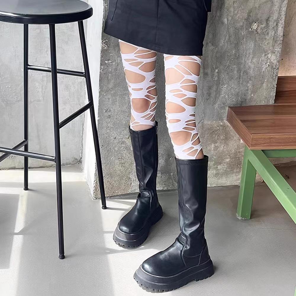 Fishnet Stockings Female Sexy Black Stockings Punk Wind Ripped Bandages Black Silk Knee Socks Irregular Stockings