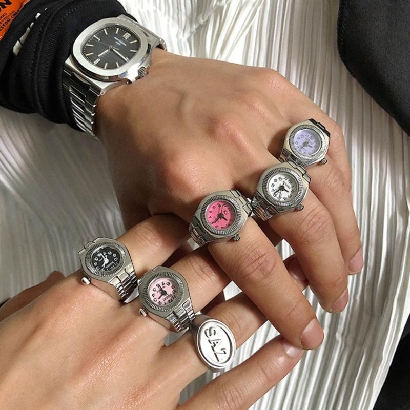 Vintage Punk Finger Watch Mini Elastic Strap Alloy Watches Couple Rings Jewelry Clock Retro Roman Watch Rings Women Men
