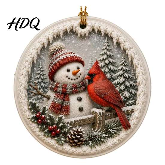 Festive Hanging Decor Acrylic Christmas Red Bird Ornament Snow Scene Pattern Xmas Tree Nature Inspired Seasonal Decorations Decor Retro Round