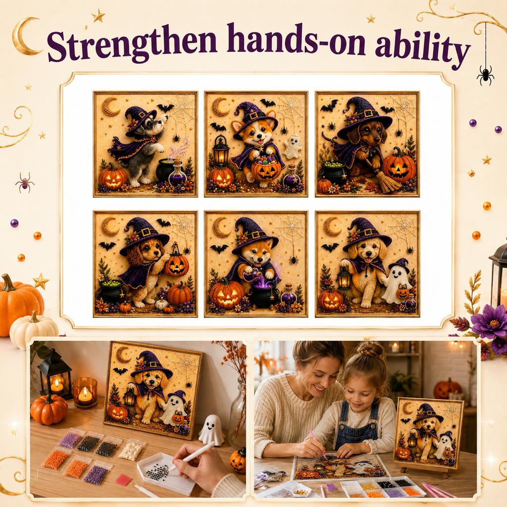 Kit for Adults Kids Halloween Dog Design DIY 5D Set with Round Drills