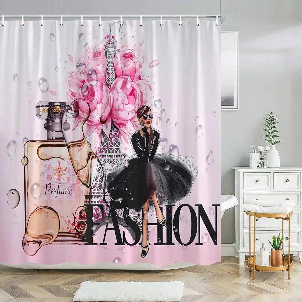 Pink Perfume High Heel Shower Curtain Set Black White Stripes Fashion Girl Woman Bathroom Decor Polyester Bathtub Curtains Hooks