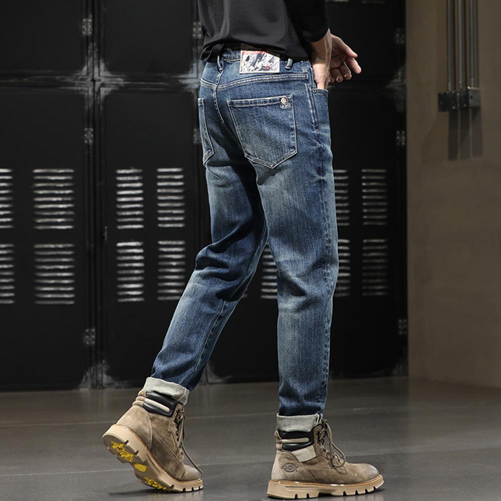 European version jeans men's slim-fitting straight pants stretch denim casual men's pants retro trend men's commuter long pants