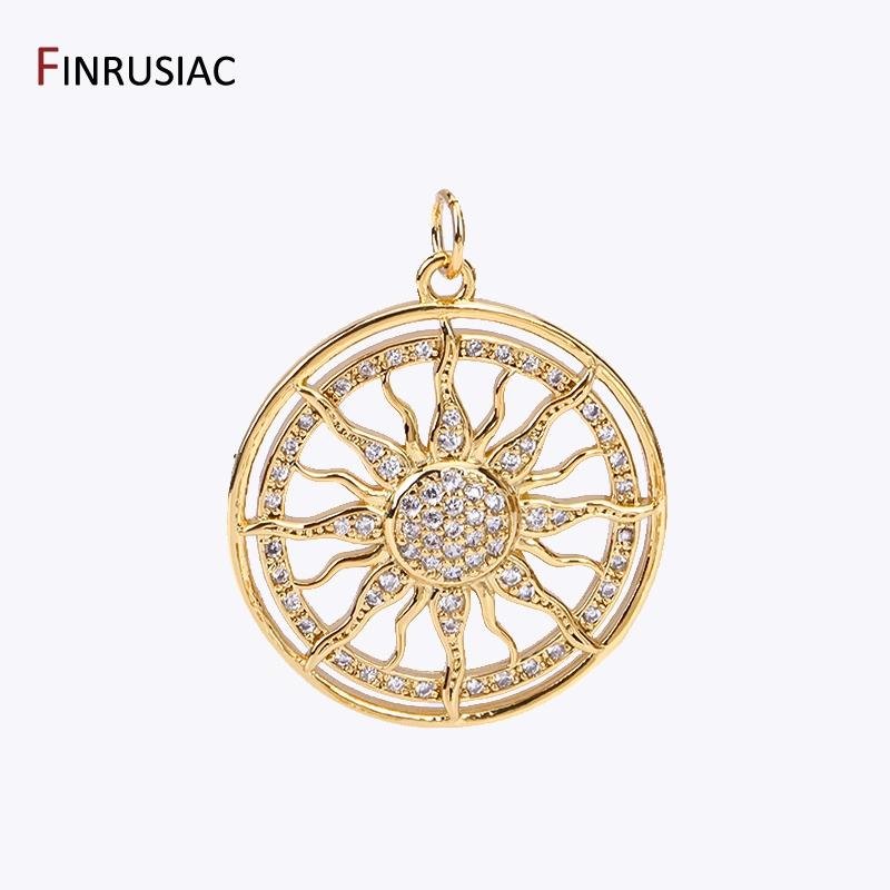 DIY Nacklace Making Supplies Inlaid Zircon Round Sun Charms Gold Plated Brass Sun Pendants For Jewelry Making Accessories