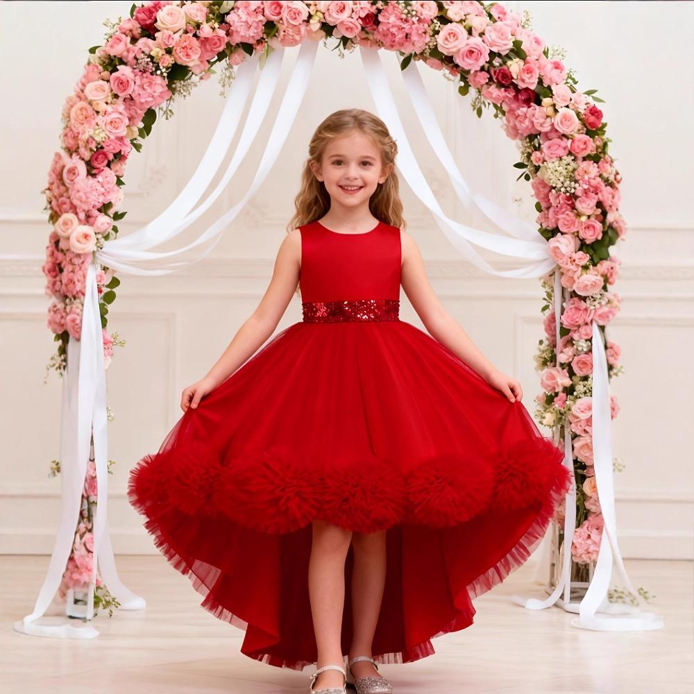 New-style Children’s Formal Dress: Princess-style Dress for Girls with Floral Train, Perfect for Piano Recitals