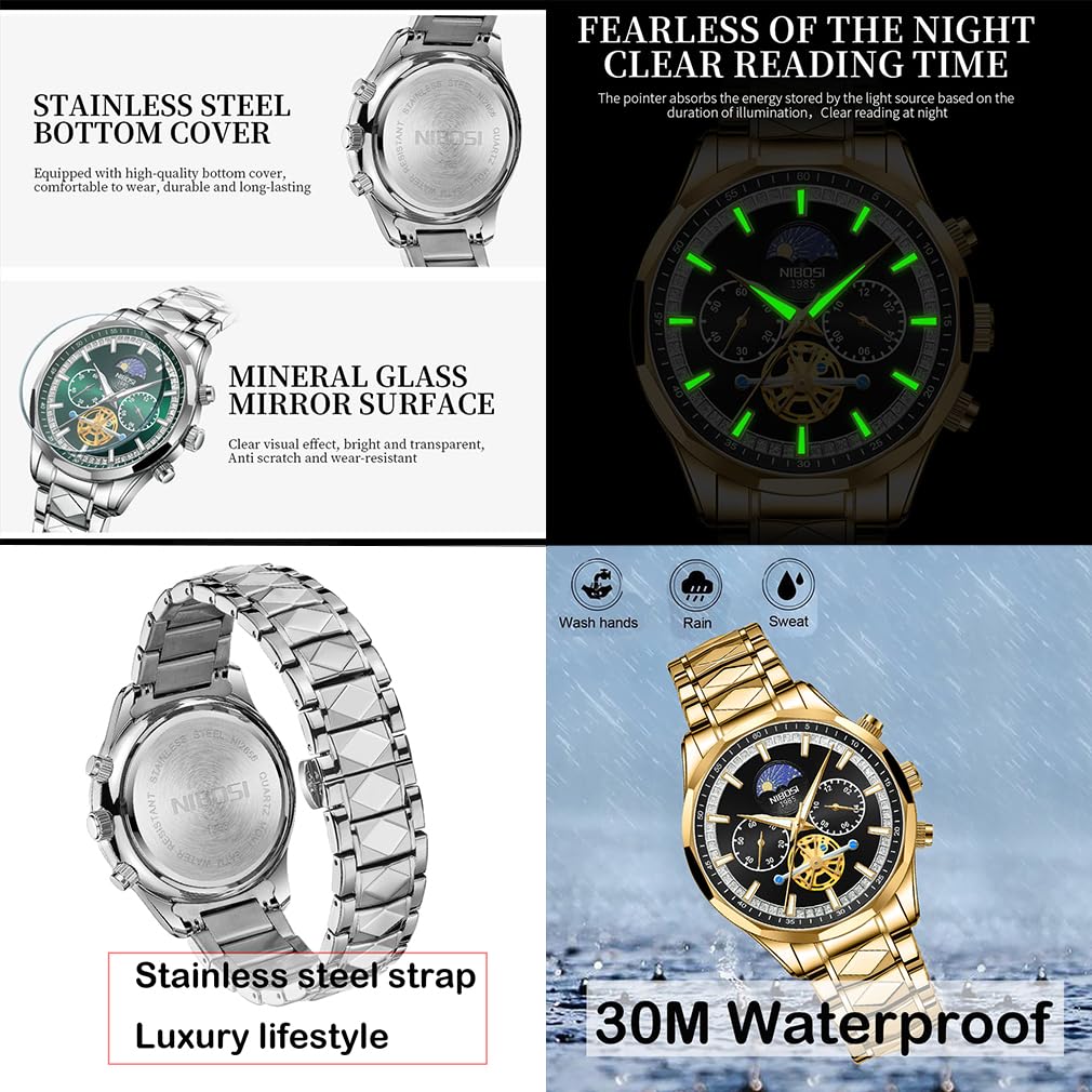 NIBOSI Business Große Marke Metall Edelstahl Uhr für Herren Herrenarmbanduhr, Chronograph, Zifferblatt, Name, Stilvoll, Lässig, Armband, Stahl, Analog, Skelett,