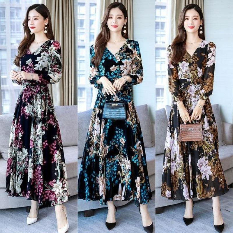 Langermet V-halskjole Kvinner Høst Slim Fit Lang A-linje stort skjørt