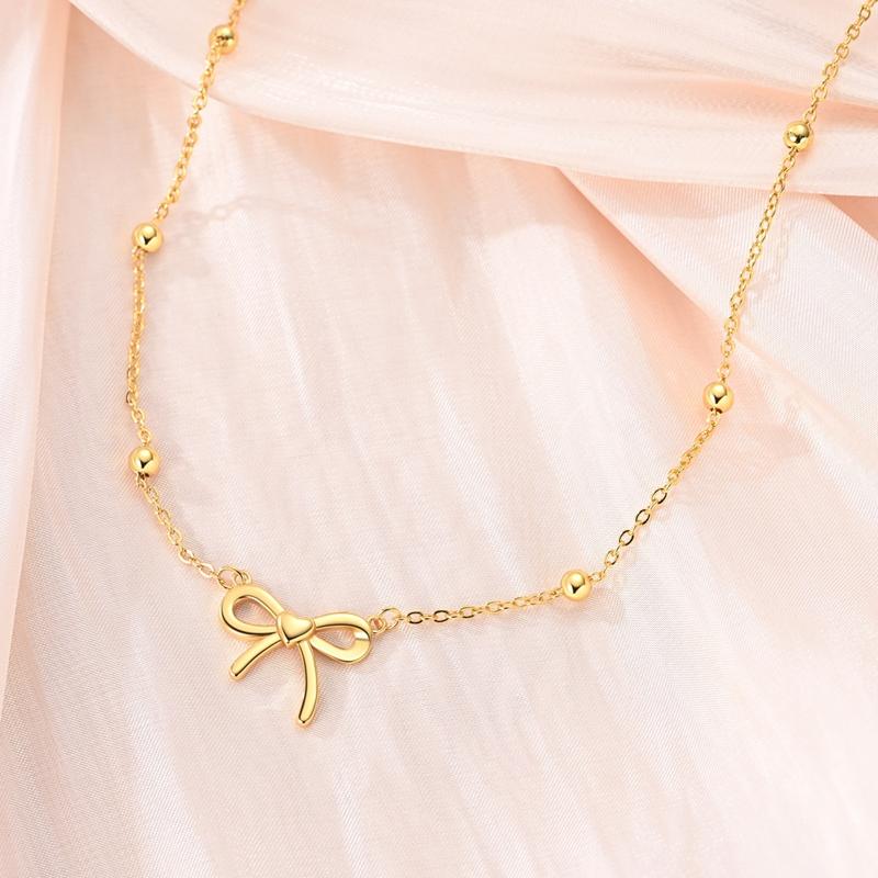 Original 925 Sterling Silver Gold Bow Necklace For Women Cute Simple Exquisite For Party Jewelry Gift