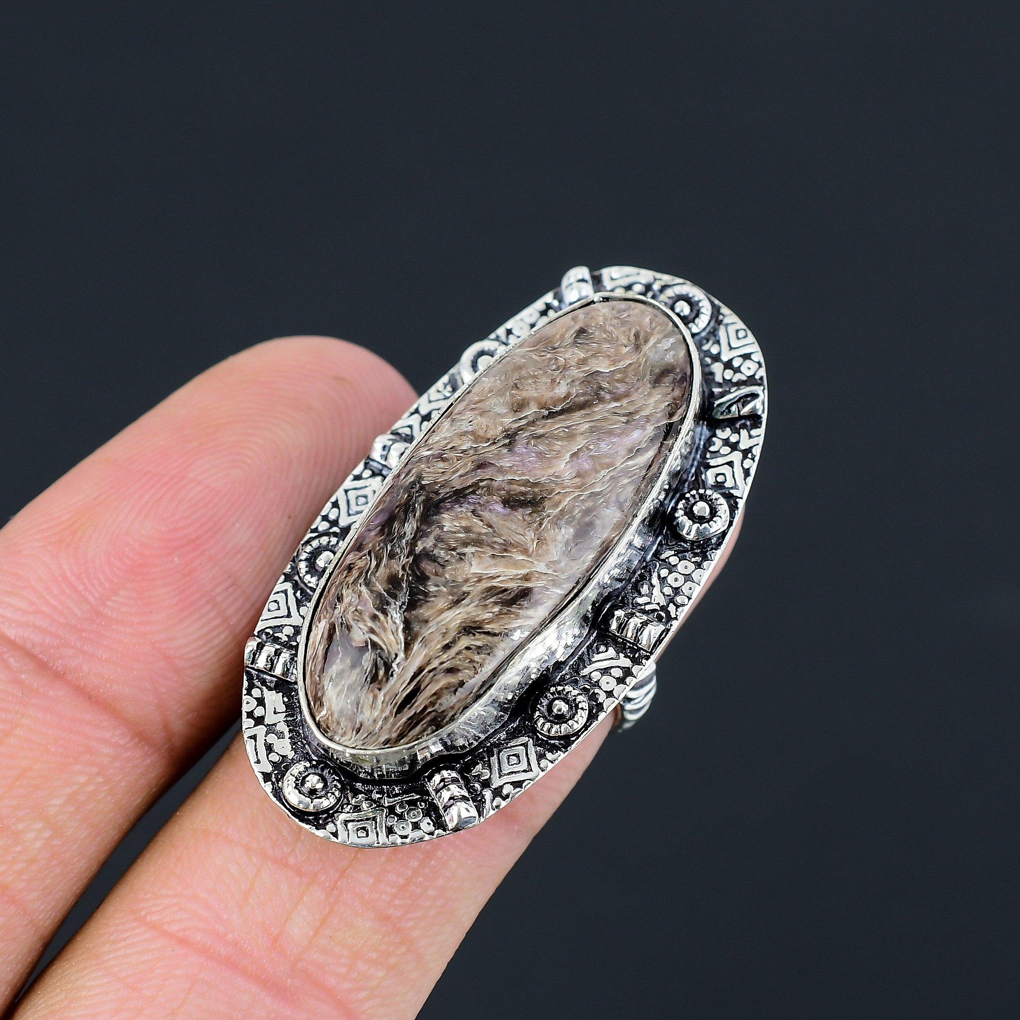 Natural Charoite Gemstone 925 Sterling Silver Stackable Ring Size 7 For Girls 7