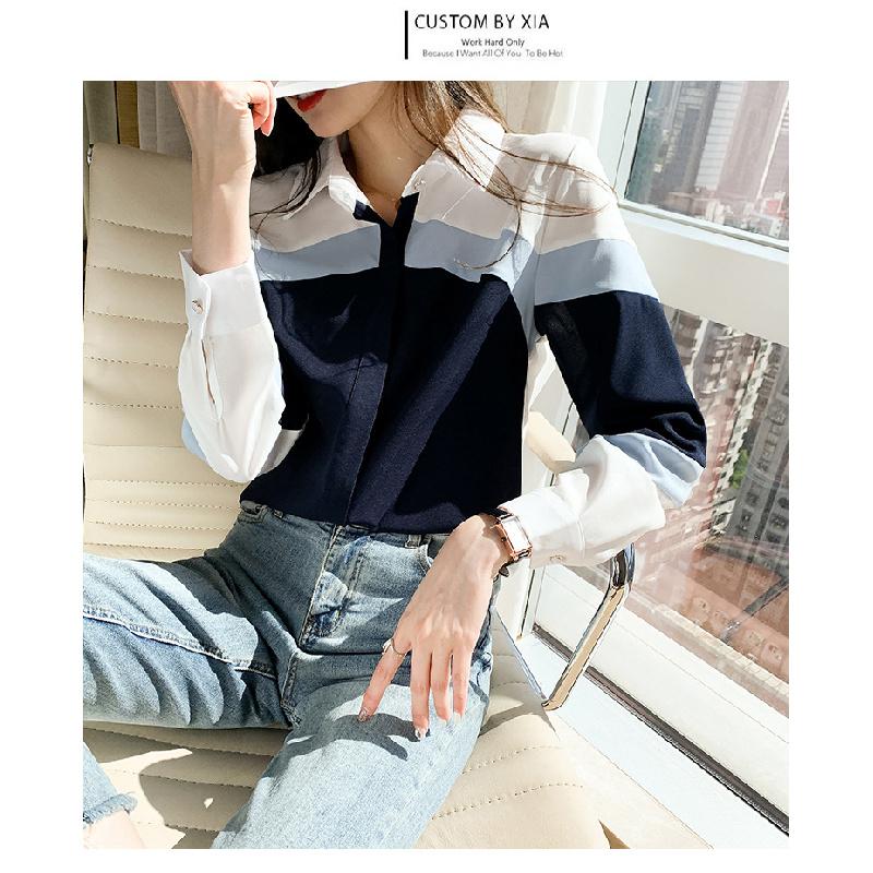 2026 Spring New Women's Turn-down Collar Contrast Color Slim Fit Long Sleeve Casual Striped Shirt