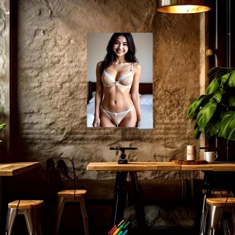 Elegante Arte de Pared Metálico Mujeres Asiáticas 2D HD Diseño Encaje Beige Fácil Instalación