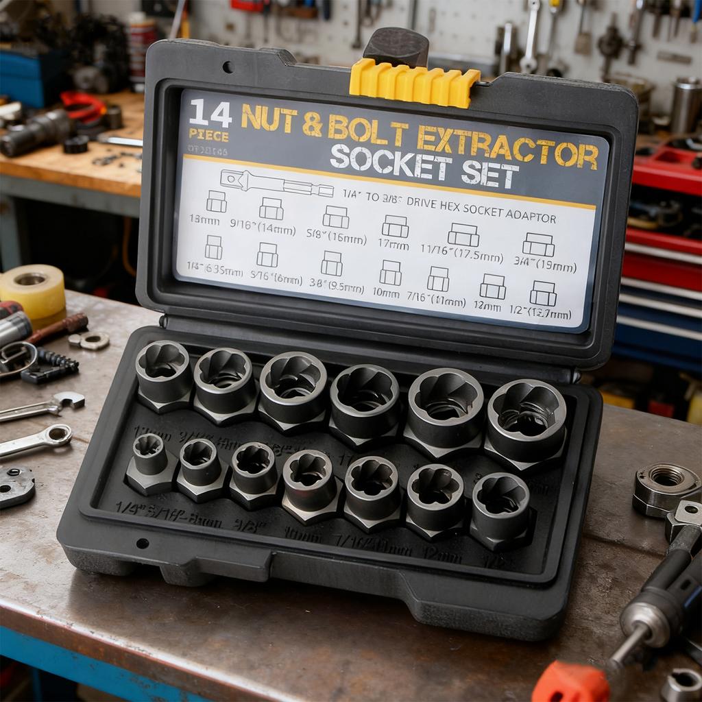 14pcs Nut Remover Set Stripped Bolt Extractor Set Impact Bolt Nut Removal Tool for Damaged Frozen Studs Rusted Rounded-Off Bolts