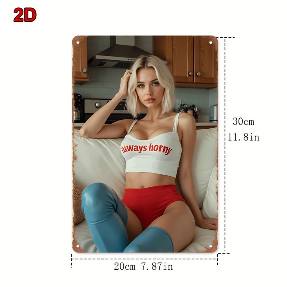 Vintage Sexy Short Hair Lady Metal Wall Decor 8"x12" - White Top Red Shorts Design Durable Indoor/Outdoor Sign for Man Cave Bar