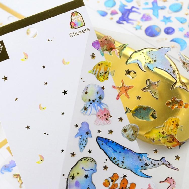 6Sheets Gold Foil Embossed Sticker Clear Cartoon PVC Resin Decorative Sticker for Journal Notebook Scrapbooking Supplies