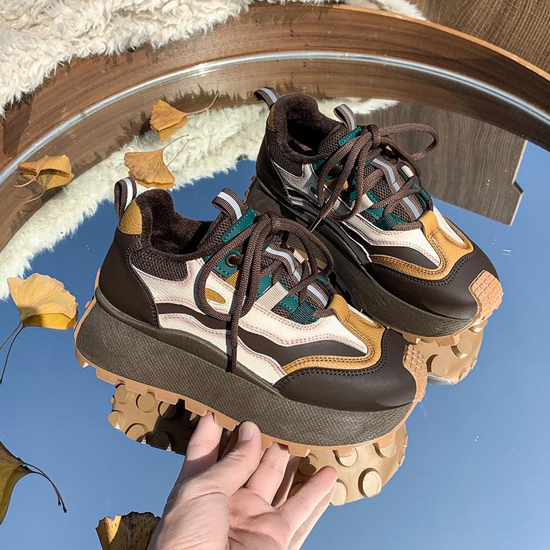 Women's Casual Sports Shoes Autumn New Round Head Color Matching Before Tying Thick Sole Anti-slip Wear-resistant Single Shoes
