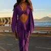 Purple Hollow Dress Sexy Exposed Belly Women Pleated Bow Long Sleeved V-Neck Slim Wrap Hip Dress 2025 New Summer Fashion