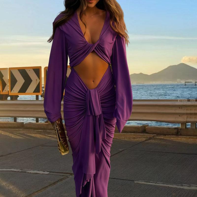 Purple Hollow Dress Sexy Exposed Belly Women Pleated Bow Long Sleeved V-Neck Slim Wrap Hip Dress 2025 New Summer Fashion