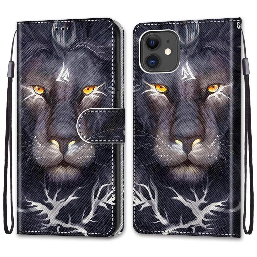 Leather Flip Phone Case For iPhone 11 XR X XS 7 8 SE 2020 SE 2022 Lion Cat Flower Painted Wallet Card Holder Back Cover