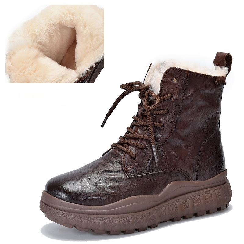 Johnature Thick Sole Wool Boots Thickened Warm Cotton Boots Genuine Leather Retro Women Short Boots
