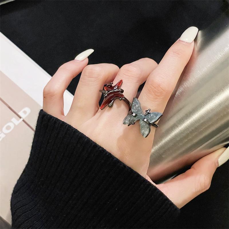 Dark Tetragonal Star Open Ring Butterfly Index Finger Ring Niche Design Temperament Cold Wind Ring Woman