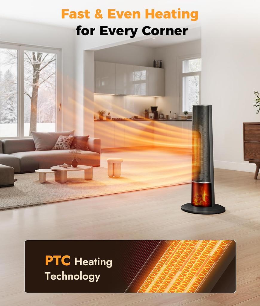 Portable 25' Tower Heater with 3D Flame, Remote, Adjustable Thermostat, 2 Heat Modes, Safety Features, 12H Timer, Quiet Operatio