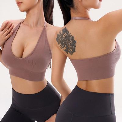Trade Cross-Border European and American Style Deep V Sexy Triangle Cup Sports Bra, Adjustable Halter Neck, Beautiful Back, Casual Seamless Design