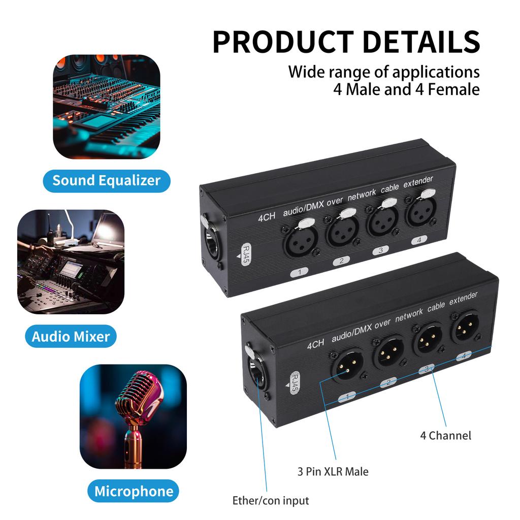RJ45 To 4 Channel 3Pin XLR Ethernet Adapter 1 Pair Network Cable Extender for Stage Sound Lighting Audio Recording Studio