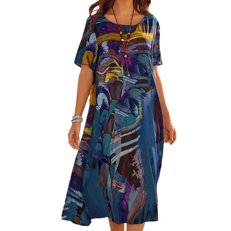 Spring New Women's Clothing Retro Printing Fashion Casual Crew Neck Long Dress