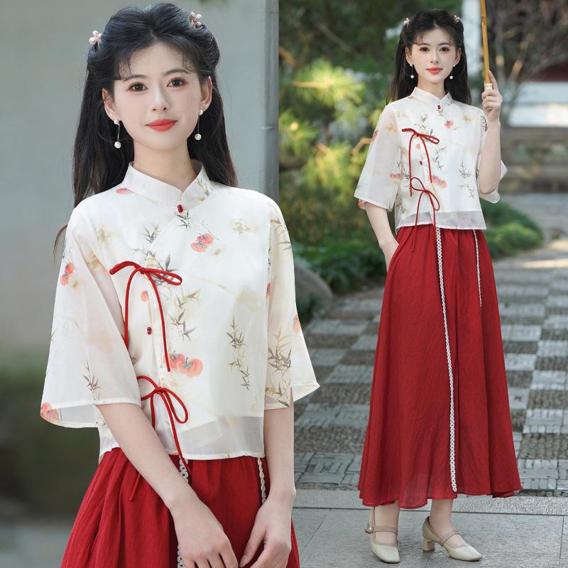 Retro-Print Chiffon Tang-Anzug & Hanfu Weitbein-Hosen-Set für Damen – Frühjahr/Sommer-Kollektion