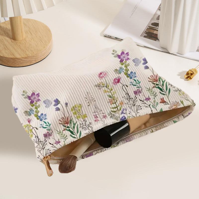 Sweet Floral Printed Corduroy Makeup Bag Lightweight Zipper Makeup Storage Bag Multifunctional Bag Large Capacity Makeup Bag