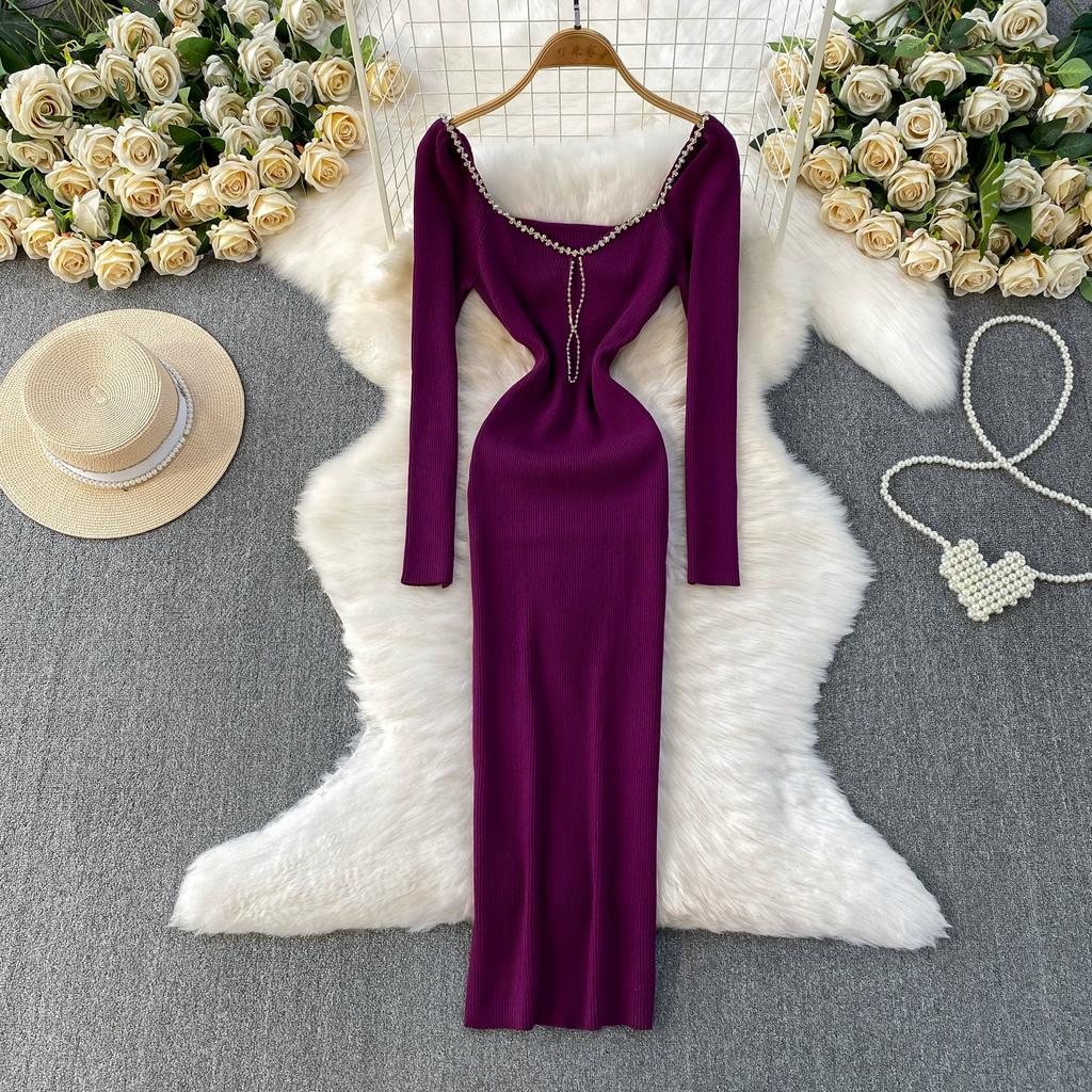 Autumn Spring Women Sexy Square Collar Luxury Beading Knitted Sweater Party Dress Long Midi Sheath Bodycon Sheath Dresses